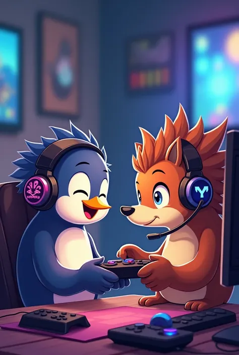  Make a penguin a capybara and a hedgehog playing Brawl Stars ( with a gaming PC and gaming headphones  (What is a drawing ) 