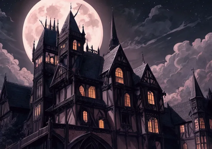 Dark Night Sky, Clouded Full Moon, Medieval gothic mansion , Rose, A dark energy is sensitive , noble,  A very slightly reddish energy