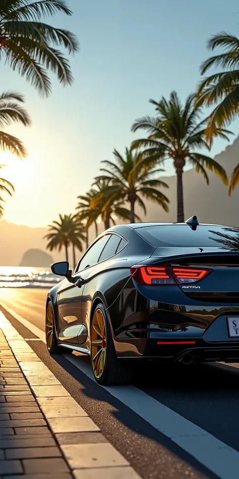 A hyper-realistic cinematic scene featuring a sleek black Chevrolet Astra with golden rims parked on the iconic Avenida Atlântica in Copacabana Beach, Rio de Janeiro. The car reflects the soft golden light of a perfect sunny afternoon, its glossy paint mir...