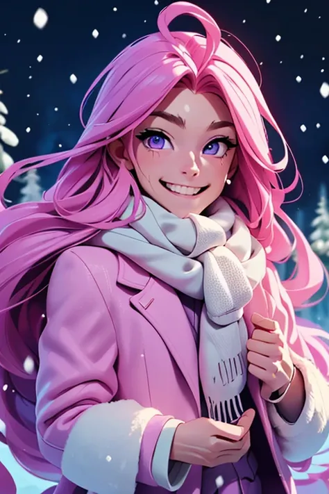 Perfect face. Perfect hands. A handsome pink haired man with violet eyes and long hair in a suit is smiling in a winter wonderland is catching snowflakes with a big smile