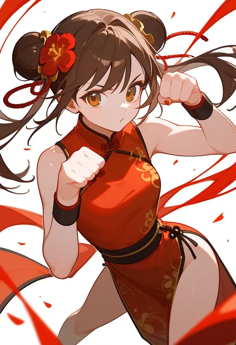  China Dress、 girl、Tuck up the hem、mafia、 bun hair、 Twin Tails 、Brown Hair、Red Flower、 hair ornament、 Kung Fu Pose 