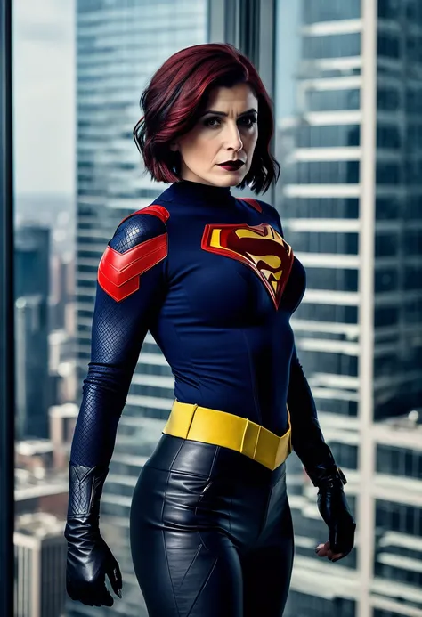 Short black hair Aya Cash in dark superhero clothes standing in skyscraper strong body