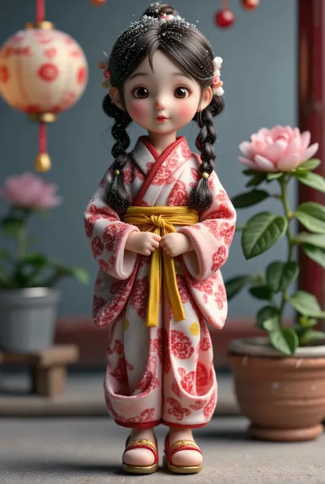 santatangsu,(a girl in a traditional Japanese yukata,beautiful detailed eyes,beautiful detailed lips,extremely detailed eyes and face,long eyelashes,standing in a serene Japanese garden,soft expression,flowing black hair with a delicate hairpin,holding a p...