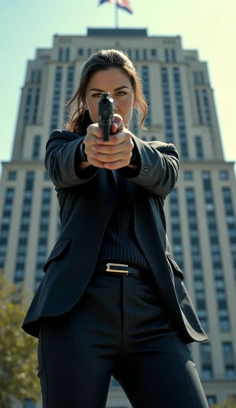 woman as an FBI agent has drawn their service weapon and is aiming at the viewer, they have a serious expression, they wear a jacket and slacks, they carry their weapon in a chest holster beneath the jacket, background is the FBI headquarters in DC