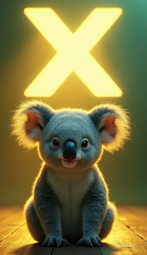 A koala sitting , com pelos cinza macios and thelhos grandes e dóceis.  He is looking directly at the camera ,  on stage with yellow and green lights , and the "x" Big back shining in the background.  Hyper-realistic fur textures and 8K .