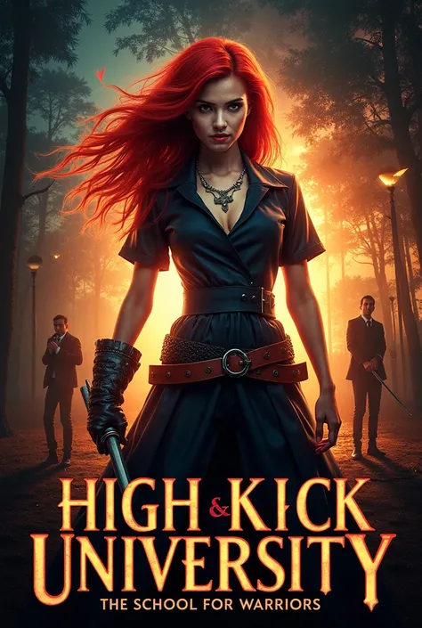 Create an image of a poster to be used as a book cover. The title is "High Kick University: The School for Warriors". The authors pen name is "Aurelia Wren". The book cover is slightly inspired by the movie mortal instruments: city of bones.