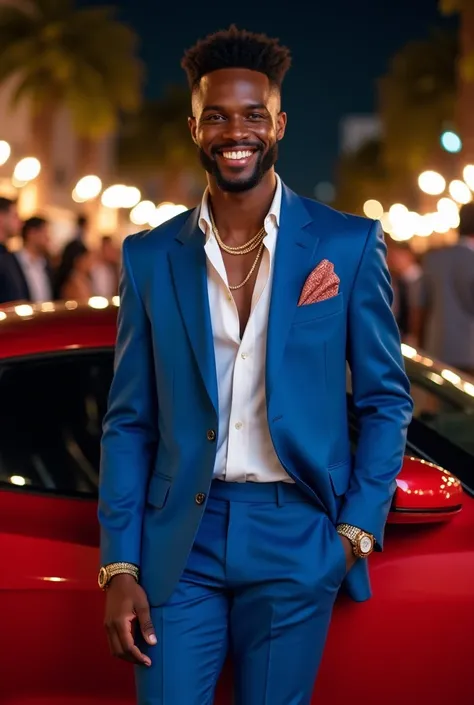  Elegant black-haired cheerful white man, with blue sports suit ,  gold chain and gold watch ,  propped up outside of a red sports car, The car with full night view with lights and people at a party in the background
