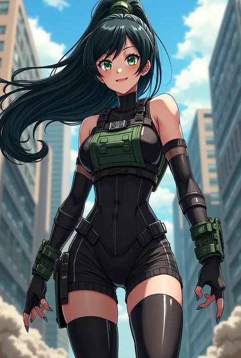 woman,  Long hair, fringe,  black hair,  tall ponytail, hair rings, gentle smile, evil smile,  green eyes,  body with defined muscles,  Wearing short black jumpsuit long black stocking,  bulletproof vest , Black shorts , using protectors on knees and elbow...