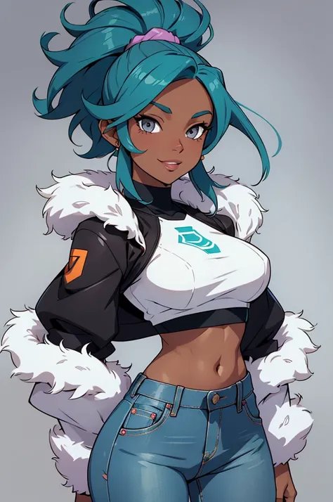 High-quality image of a confident young woman with dark skin, vibrant turquoise hair styled in loose waves, gray eyes, and full lips. She is wearing a fitted white crop top that leaves her midriff exposed, paired with an open cropped fur jacket and low-wai...