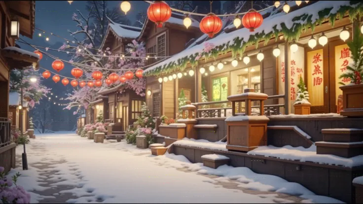 high detail, hyperrealistic 8k, Create a stunning, ethereal scene set in a traditional Asian village during winter everything is covered with snow,  nighttime. Christmas atmosphere, Christmas decorations a large Christmas tree decorated with bright lights,...