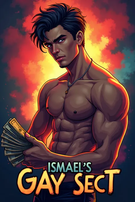 Create a logo,  the background has to be daring and sexy gay ,  the letters : ISMAELS GAY SECT ,  like a profile picture for my Discord group {x} a handsome realistic boy without a shirt and strong with money in his hand and the colors of the gay flag have...