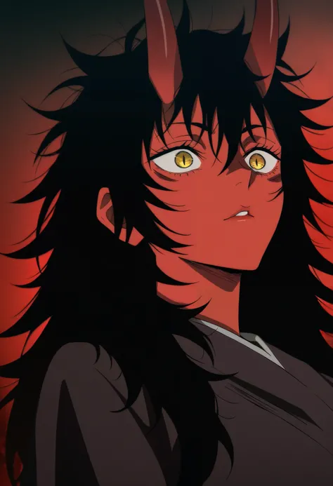 Jujutsu Kaisen screencap anime style a demon woman with black hair long hair messy hair spiky hair colored red skin yellow eyes slit eyes pupils red demon Oni horns wearing black an red robe dress red back bowscore_9_up, score_8_up, masterpiece, best quali...