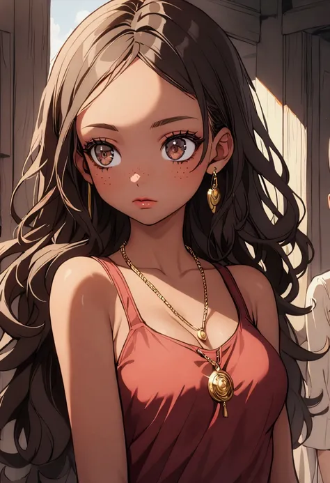 1girl, big doe brown eyes, black hair tied up messily, long hair, skinny waist, medium breasts, tan skin, brown skin, a gold pendant, young, freckles, rosy lips, pretty eyelashes, calm, dark red tank top