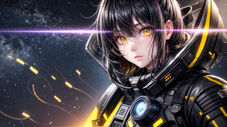 from future intelligence, technology background, complex mystery, unexpected variables, sudden result, strange things, transient waves, light fog, colorful signals, confident look, space black pioneer dress, yellow eyes, black hair