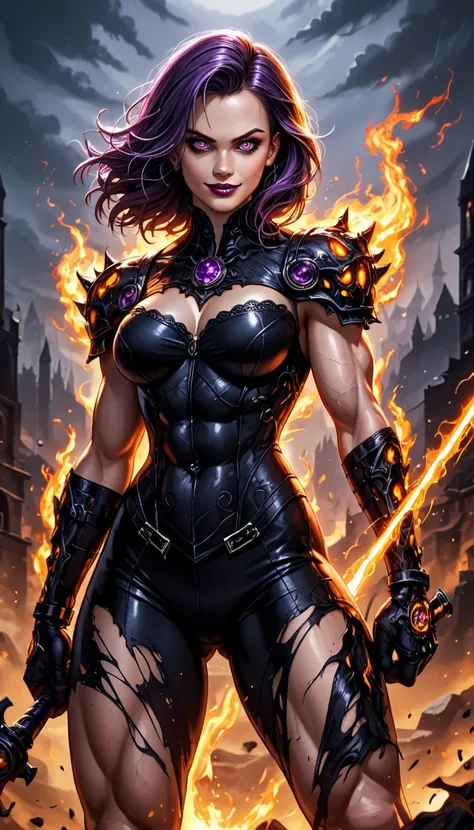 dark and torn, ((alone 1 dark malevolent woman of the underworld evil smile,  squinting eyes :1.3)), beautiful muscular body, fierce expression,  holding a weapon , (colors in your clothes, Warm, orange, yellow, Violet: 1.3), standing on a desolate land, d...