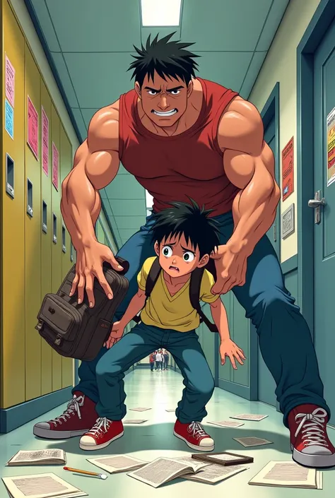 80s ANIME STYLE. A  with messy black hair and old backpack getting punched by a bigger, muscular bully in a school hallway. Lucas has a sad expression, collecting his notebooks scattered on the floor. The hallway is vibrant, with lockers, posters of school...