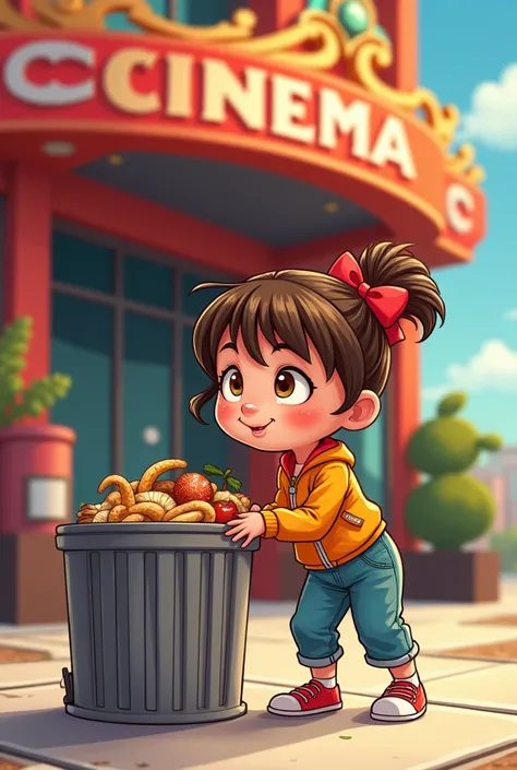 Cartoon image of a girl dumping food in a trash can in front of a cinema