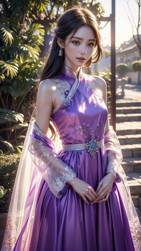 8K, UHD, Masterpiece, extreme quality, 1 girl, good face, detailed eyes, very long hair, detailed lips, small breasts, ((hanfu dress)), ((purple fantasy dress)), ((detailed dress)), ((crystal lace)), flowing sardine, beautiful fantasy, fantasy empress, bea...