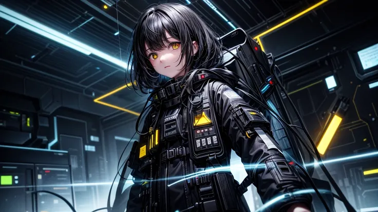 from future intelligence, technology background, complex mystery, unexpected variables, sudden result, strange things, transient waves, light fog, colorful signals, confident look, space black pioneer dress, yellow eyes, black hair