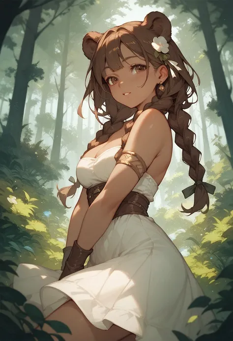 a HOT anime bear girl with long brown hair  that is in braids and dark brown eyes... with ears...... wearing a white  dress..... and is in a forest