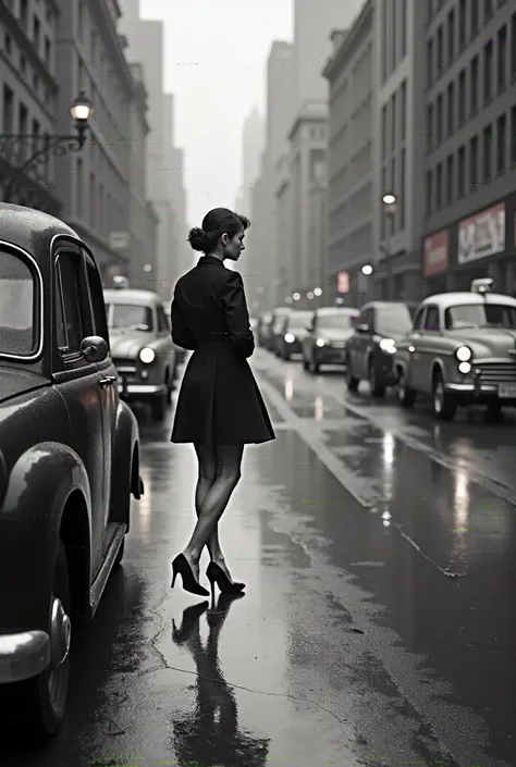 （ Monochrome 、 a scene from a 1950s movie）、 a busy street in a big city 、It rains、Wet road surface、Puddle、（Womans beautiful leg up、From the knee down、Location close to the ground 、 black high heels 、 sideways、Get in the car）