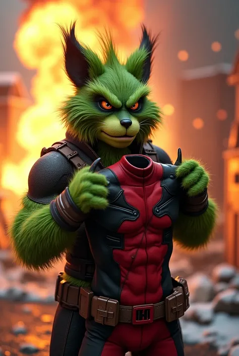 Hyper -realistic 30k resolution, real furry Grinch with the Wolverine costume caring real furry Grinch Deadpool costume as the movie, with some explosion from the Santa Claus house at the background