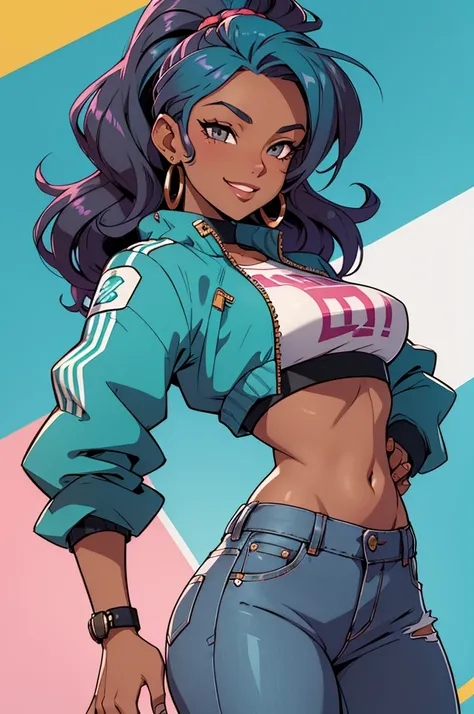 High-quality image of a confident young woman with dark skin, vibrant turquoise hair styled in loose waves, round gray eyes, and full lips. She is wearing a stilish fitted crop top that leaves her midriff exposed, paired with an open cropped jacket and low...