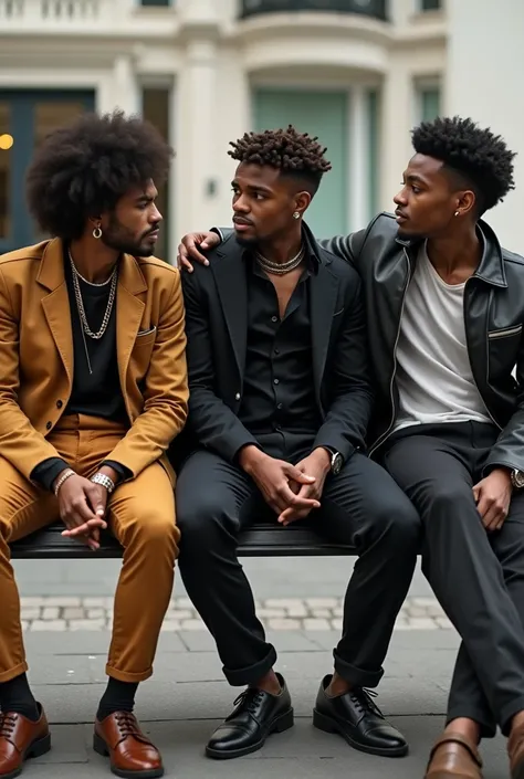 4 friends Sitting in the bench first one is brasilian his hair is curly brunnete second one is Black skin his have dreds gangsta outfit chain rings earrings thrid Men have a little afro his a Black skin normal outfit fourth Men his is korean in Grey techfl...