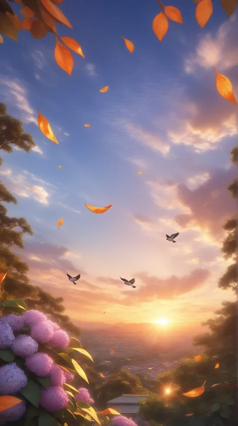  Java sparrows flying in the sky, flying leaves.
 A shimmering sunset , obfuscating, Lilac-colored and laranja. 
Focu no pássaro. 
(anime style 32K, HDR, UHD, intricate detail, extremely intricate detail, hyperrealistic, extremely realistic, high quality, ...