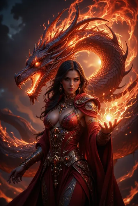 A powerful male warrior, with long flowing black hair and intense, fiery eyes, in dynamic action pose, reaching out with his right hand emanating vibrant orange energy. Behind him, a colossal fire dragon materializes from swirling flames, its scales glowin...