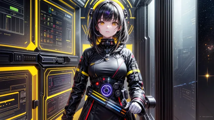 from future intelligence, technology background, complex mystery, unexpected variables, sudden result, strange things, transient waves, light fog, colorful signals, confident look, space black pioneer dress, yellow eyes, black hair