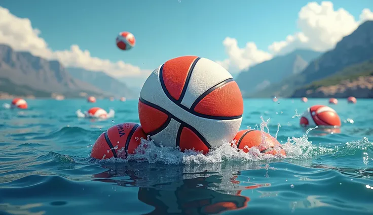  A SHIELD THAT IS DISTINCTIVE OF A BASKETBALL LEAGUE THAT SAYS ( LIGA MAR Y SIERRAS  ) in Spanish, AND IN THE BACKGROUND YOU CAN SEE MOUNTAINS AND SEA with big waves and lots of basketballs floating in the sea, That the balls have the red and white segment...