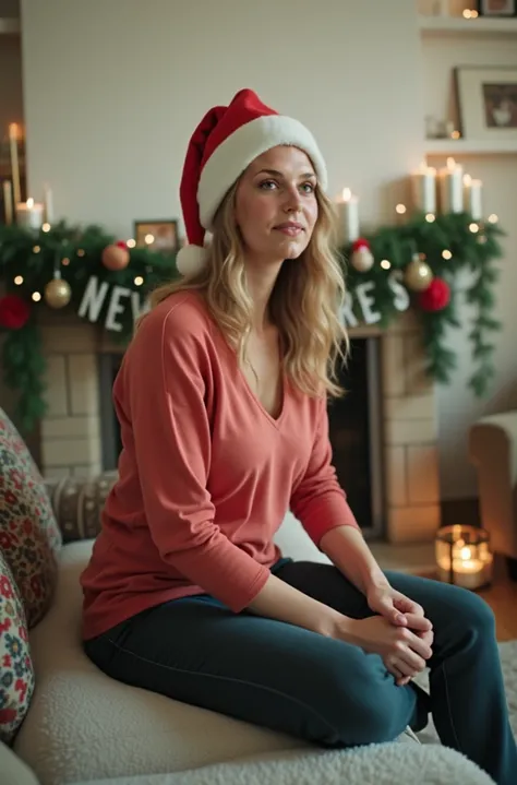 woman sitting on couch in her living room, holiday outfit, hommemade photo, her room decorated for Christmas holidays, New Years garland, new year eve