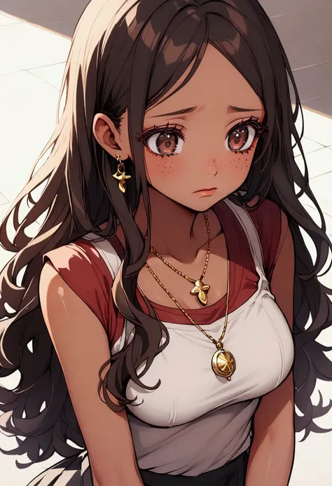 1girl, big doe brown eyes, black hair tied up messily, long hair, skinny waist, medium breasts, tan skin, brown skin, a gold pendant, young, freckles, rosy lips, pretty eyelashes, calm, dark red shirt, gray sweater, black skirt, sad