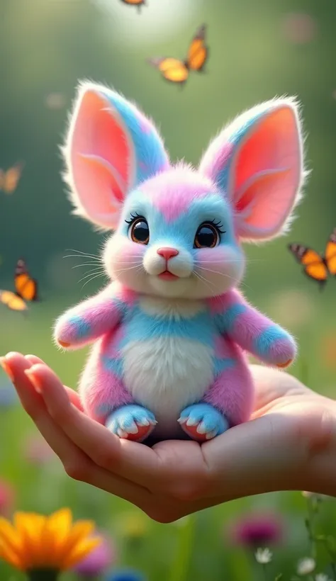 Highly detailed, realistic image of a hybrid alien creature that resembles a furry rabbit and has a face like an elephant. The creatures bright pink fur is adorned with vibrant, colorful stripes of blue and white. It is delicately sitting on a human palm, ...