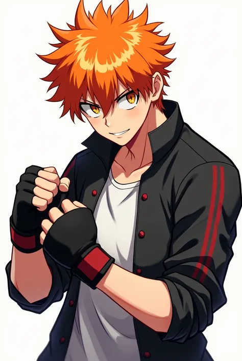 Create a Muay Thai fighter character with a Anime Blue Lock-style. He has bright orange hair and striking orange eyes with black pupils. He is wearing a black jacket and a white t-shirt, holding a bag in his hand. The background is white, with a dynamic po...