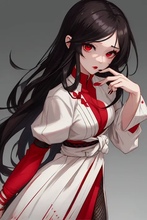 （（（Perfect figure，figure，forehead protector，bandaged hand，konohagakure symbol，fishnets，Red single sleeve，White striped clothes，（（（Kurenai Yuhi, black hair, red eyes, long hair,makeup，red eyes，lipstick，）））型figure:1.7））），((masterpiece)),high resolution, ((Be...