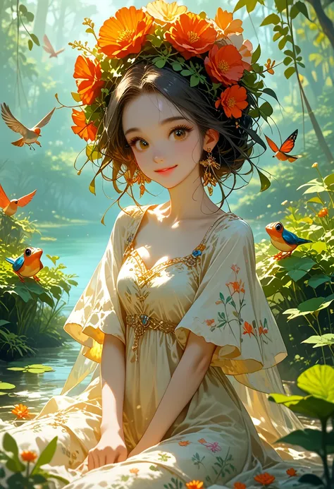 score_9, score_8_up,score_7_up, masterpiece, best quality, perfect anatomy, very aesthetic, official art, 8k,Draw a serene and peaceful lake., surrounded by lush and colorful plants. In one of the banks, there is a little frog sitting, Happy and contented....