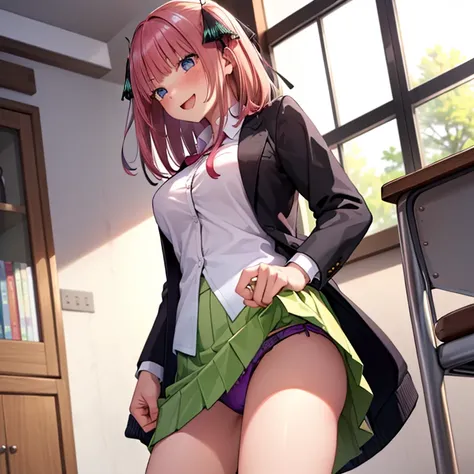 ((hdr, highest resolution, best quality, beautiful, raw image)), classroom, ((blurry background)), daytime, (((1youngboy black hair, white shirt))), (((1girl ,pink hair))), butterfly hair ornament, (school uniform ,black cardigan ,collared shirt ,green ski...