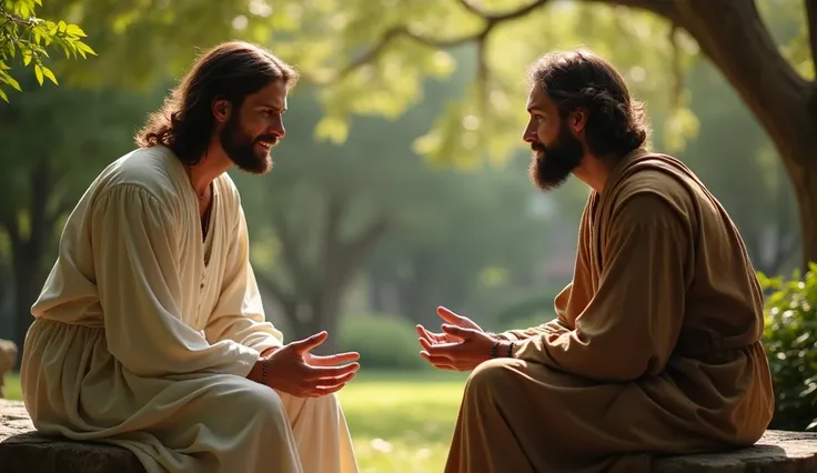 Setting: A Quiet Conversation in a Garden
A half-body close-up of Jesus sitting across from a man on a stone bench in a peaceful garden. Jesus leans slightly forward, speaking gently with an open hand gesture, while the man looks contemplative. The backgro...