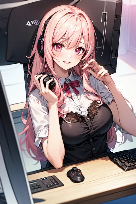 1girl, gamer, gaming girl, happy, pink eyes, black pink eyes, cute blouse