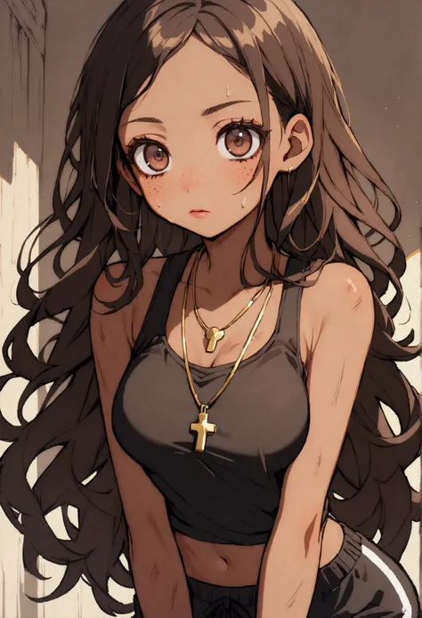 1girl, big doe brown eyes, black hair tied up messily, long hair, skinny waist, medium breasts, tan skin, brown skin, a gold pendant, young, freckles, rosy lips, pretty eyelashes, calm, black tank top, black baggy sweatpants, poor, dirty