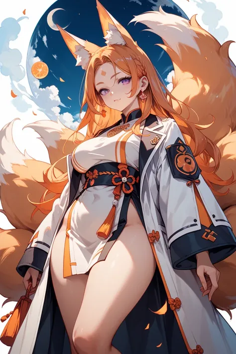 Kitsune semi-human woman ,  white coat with orange details,  fox ears , fluffy tail, purple eyes,  orange lines on the body ,  half-moon mark on the forehead ,  voluptuous body 