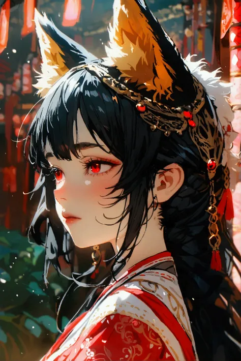  black hair　 red eyes　Fox Girl　Slanted Eyes　Details　 long hair　Petite　 small tits　Thin　Black Shrine Maiden Clothing　side