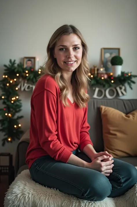 woman sitting on couch in her living room, holiday outfit, hommemade photo, her room decorated for Christmas holidays, New Years garland, new year eve