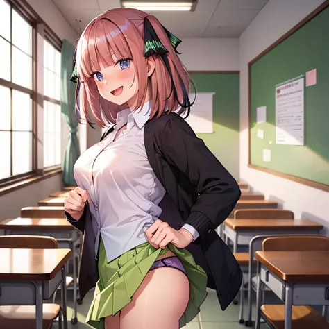 ((hdr, highest resolution, best quality, beautiful, raw image)), classroom, ((blurry background)), daytime, (((1youngboy black hair, white shirt))), (((1girl ,pink hair))), butterfly hair ornament, (school uniform ,black cardigan ,collared shirt ,green ski...