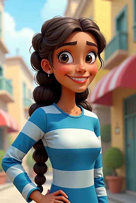 The braided woman on the right, smiling, wearing a blue-and-white horizontal striped shirt with long hair, is a cartoon.