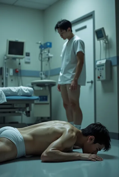 In a hospital room a young guy with short dark hair is laying unconscious on the floor leaning against the wall. He has a lot of body hair on the chest and legs. He is wearing very very small tight low hip white bikini briefs and white socks. Standing near...