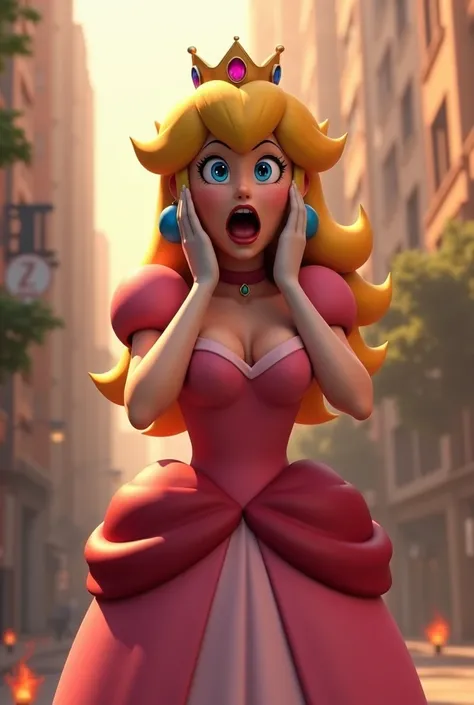 A CG sexy Princess Peach from Super Mario video games. She is wearing a low-cut dress highlighint her big breasts and screaming scared with both hands on her face. Shes in a city at morning where theres some things burning in fire