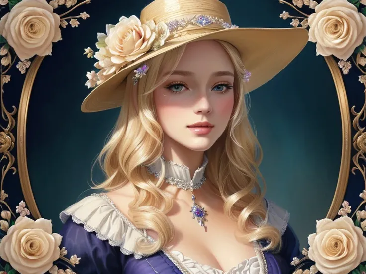 blonde woman with hat and flowers in her hair,  beautiful fantasy art portrait , Exquisite digitale Illustration,  beautiful digital art , Karol behind uhd, beautiful fantasy portrait,  beautiful digital art , beautiful  beautiful digital art , elegant dig...